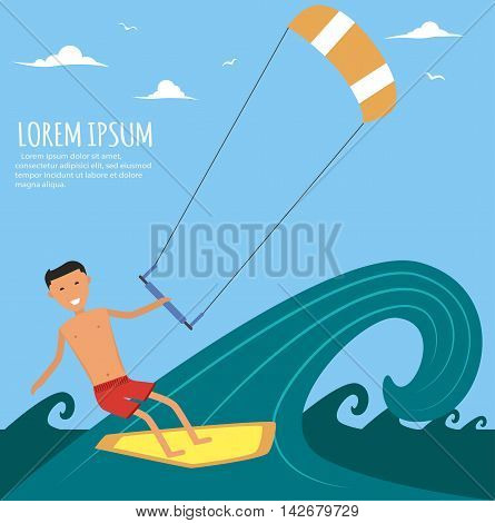 Male kitesurfer riding on waves in the sea. A surfer catches a huge wave. Surfing character. Cute surfer. Vector illustration in flat. Summer vacation background