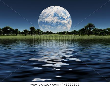 Blue Planet on the horizon 3D Rendered