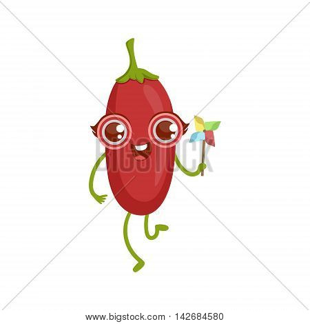 Goji Berry Girly Cartoon Character.Childish Design Sticker With Humanized Bright Color Fruit Character.