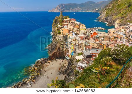 Aerial panoramic view of Vernazza fishing village in Five lands, Cinque Terre National Park, Liguria, Italy.