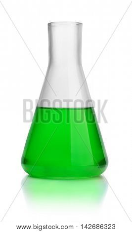 Laboratory conical flask with green liquid isolated on white