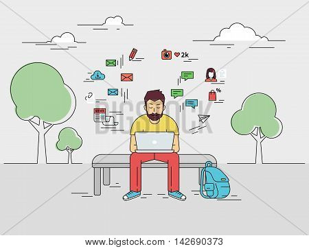 Hipster young man is sitting with laptop outdoors. Flat outlined illustration of guy writing a comment in social networks on laptop with social media signs such as email, chat bubbles, blog, news around him