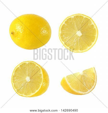 Collection of whole and cut lemon fruits isolated on white background with clipping path