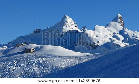 Winter scene on Mt Klingenstock Swiss Alps.