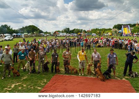 Perekhrest Ukraine - August 14. 2016: Participants prepare for the show of hunting dogs during the first festival of hunters.