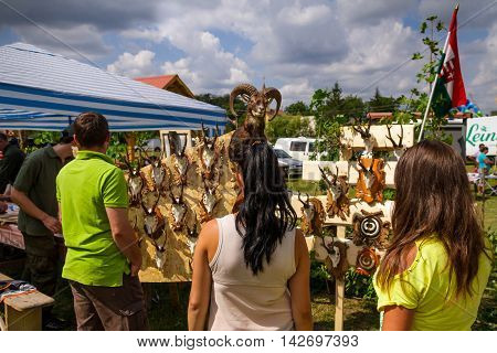Perekhrest Ukraine - August 14. 2016: Visitors view trophies during the first festival of hunters.