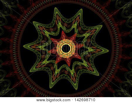 Neon green yellow red flower floral kaleidoscope black background twist twirl