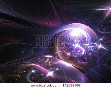 Fractal Space ball in abstract space with stars and smoking smoke