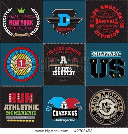 Sport athletic champions college baseball football logo emblem collection. Vector Graphics and typography t-shirt design for apparel. Colored version. Big set for you.