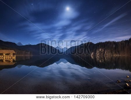 Night In Alpsee Lake In Germany. Beautiful Landscape