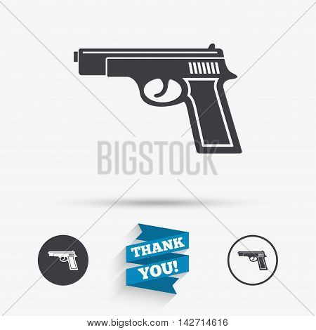 Gun sign icon. Firearms weapon symbol. Flat icons. Buttons with icons. Thank you ribbon. Vector