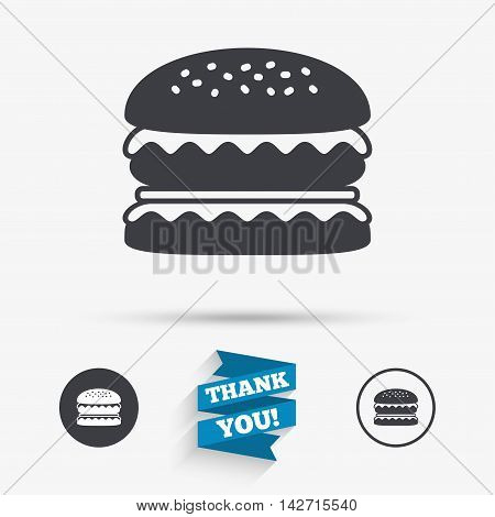 Hamburger icon. Burger food symbol. Cheeseburger sandwich sign. Flat icons. Buttons with icons. Thank you ribbon. Vector