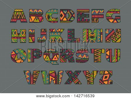 Vector set of ornate capital letters with abstract ethnic African patterns. Fancy alphabet in tribal culture style. Colorful beautiful font.