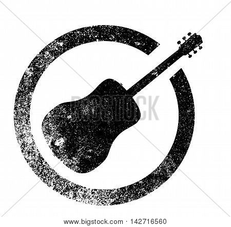 Acoustic guitar as as rubber ink stamp in black isolated over a white background.