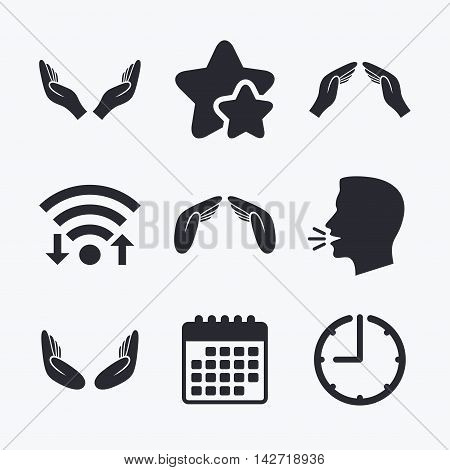 Hands icons. Insurance protection signs. Human helping donation hands. Prayer meditation hands sybmols. Wifi internet, favorite stars, calendar and clock. Talking head. Vector