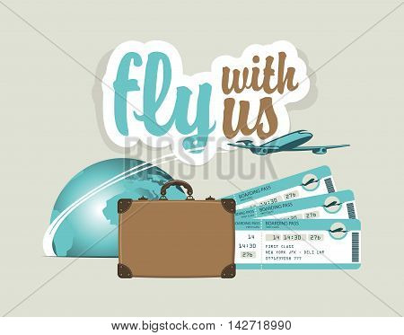 vector banner for air travel with an airplane planet suitcase and plane tickets