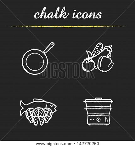 Steam cooking icons set. Frying pan, vegetables, fish fillet slices and steam cooker illustrations. Healthy diet food. Isolated vector chalkboard drawings