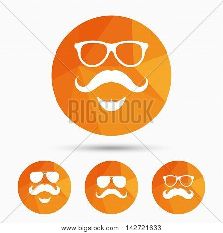 Mustache and Glasses icons. Hipster with beard symbols. Facial hair signs. Triangular low poly buttons with shadow. Vector