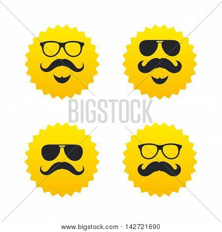 Mustache and Glasses icons. Hipster with beard symbols. Facial hair signs. Yellow stars labels with flat icons. Vector