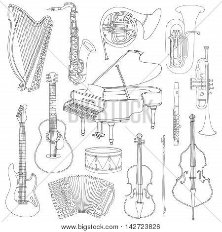 Hand drawn cute, doodle, sketch musical instruments. Vector icons set on white background