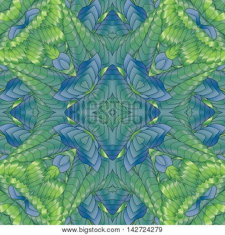 Kaleidoscopic green pattern leaves and geometric. 
design textile printing industry in a variety of design projects.