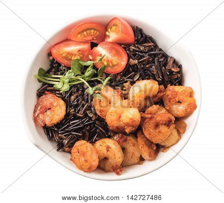 Black rice with shrimps isolated on white top view