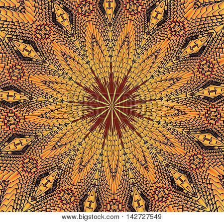 Kaleidoscopic yellow and black pattern. The image is computer graphics created using various programs. It can be used in the design of your site design textile printing industry in a variety of design projects.