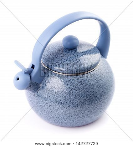 Blue enamel kettle isolated on white background above view