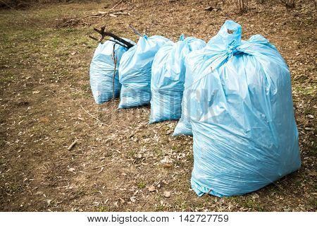 Blue plastic garbage bags on ground in a row