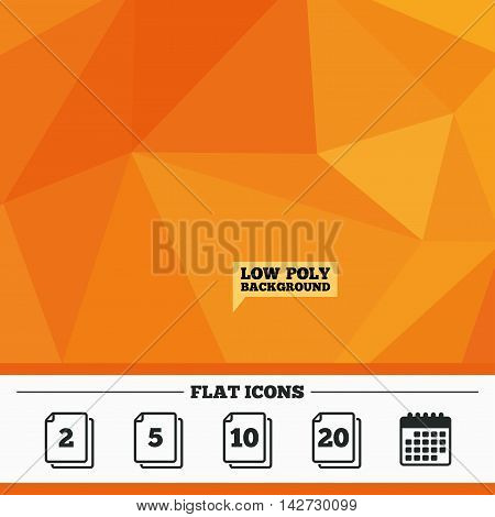 Triangular low poly orange background. In pack sheets icons. Quantity per package symbols. 2, 5, 10 and 20 paper units in the pack signs. Calendar flat icon. Vector