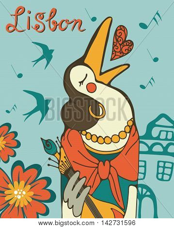 Lisbon crow fado singer. Illustration in vector format