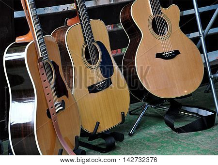 detail view, wood romantic guitar in outdoor