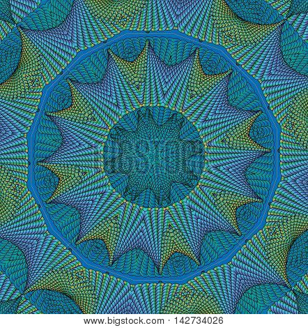 Kaleidoscopic turquoise pattern. The image is computer graphics created using various programs. It can be used in the design of your site design textile printing industry in a variety of design projects.