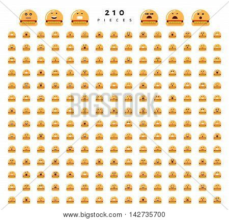 Great set of 224 emotions of hamburgers isolated on white background. Characters smile Emoji for Web. Anger and compassion. Laughter, tears. Smile sadness surprise. Happiness fear.