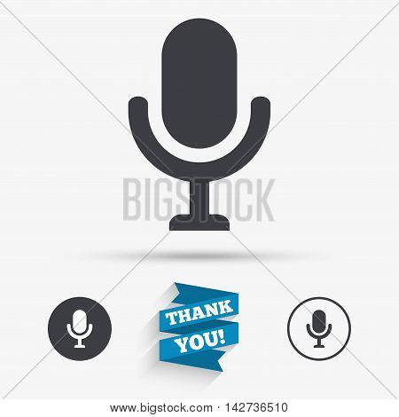 Microphone icon. Speaker symbol. Live music sign. Flat icons. Buttons with icons. Thank you ribbon. Vector