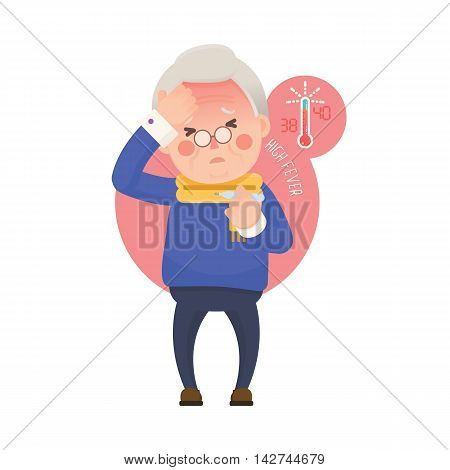 Vector Illustration of Sick Old Man Suffering from a Fever and Checking His Temperature on a Thermometer while Clutching at His Forehead. Cartoon Character.