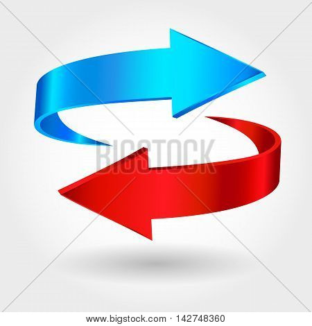 Red and blue arrows are moving towards. Arrows sign isolated on white