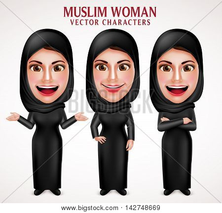 Muslim woman vector characters set wearing  hijab black clothes with different pose and hand gestures in white background. Vector illustration.