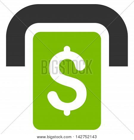 Cashpoint icon. Glyph style is bicolor flat iconic symbol with rounded angles, eco green and gray colors, white background.