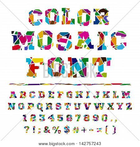 Colored font from the broken into fragments letters. Broken alphabet on a light background. Broken letters. Decorative alphabet. Stencil type. Full set