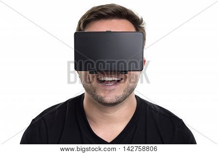 Caucasian model wearing a virtual reality headset on a white background