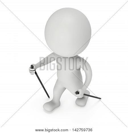 Nordic walking white blank man. 3d render illustration isolated on white background. Concept of helthcare and fitness small people.