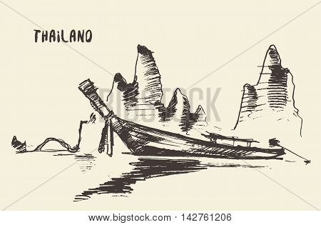 Sketch of traditional longtail boat, Thailand. Vector illustration
