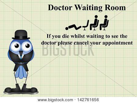 Comical doctor waiting room sign on graph paper background with copy space for own text