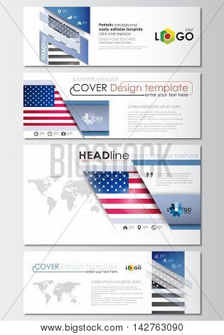 Social media and email headers set, modern banners. Business templates. Cover design template, easy editable, abstract flat layout in popular sizes. Patriot Day background with american flag, vector illustration