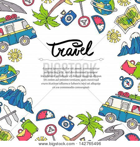 Cute decorative cover with hand drawn colored symbols of tourism. Illustration on the theme of car travel. Vector background for use in design