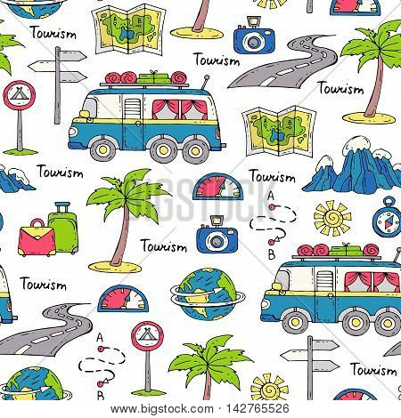 Vector seamless pattern with hand drawn colored symbols of car travel. Pattern on the theme of tourism. Background for use in design packing web site fabric