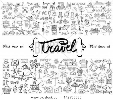 Vector set with hand drawn isolated doodles on the theme of travel and tourism. Flat illustrations of recreation symbols. Black outline. Sketches for use in design