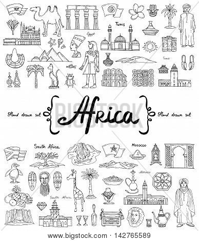 Vector set with hand drawn isolated doodles on the theme of Africa. Flat illustrations of attractions souvenirs. Symbols of Egypt Tunis South Africa Morocco. Sketches for use in design