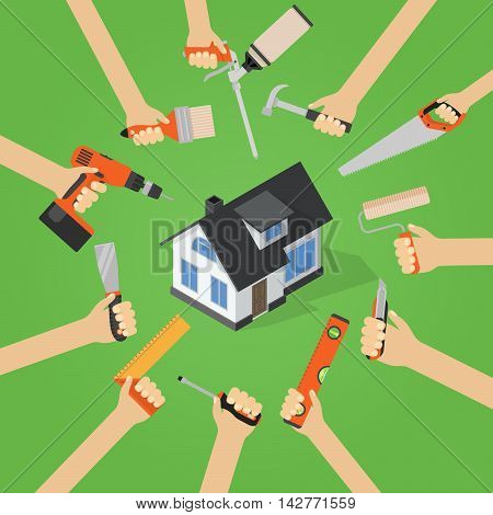 Hands with home repair diy renovation housework tools flat vector illustration with isometric house